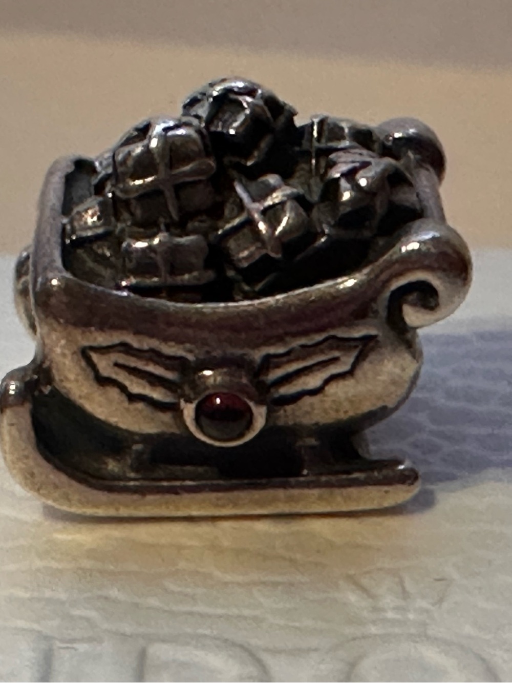 RETIRED Sterling Silver Christmas Sleigh Charm with Red Garnet